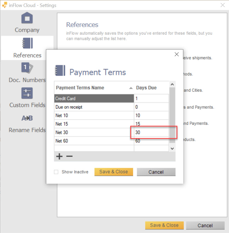 Payment terms settings in inFlow Cloud for Windows. 