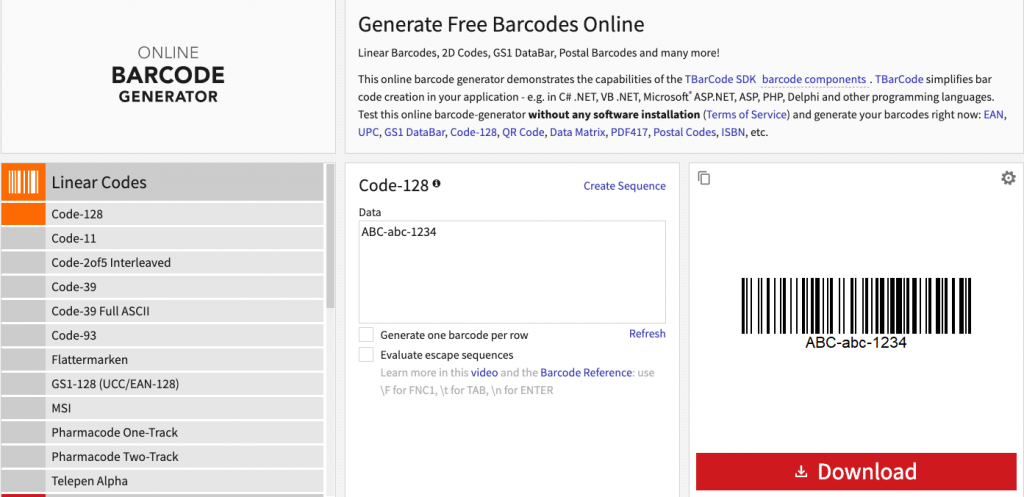 A picture of the interface of a free barcode generator called Barcode TEC-IT.