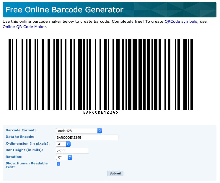 A picture of the interface of a free barcode generator called Morovia.